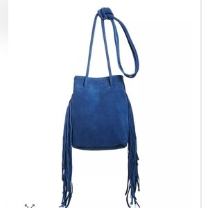 Blue Suede Fringe Bucket Bag - Women